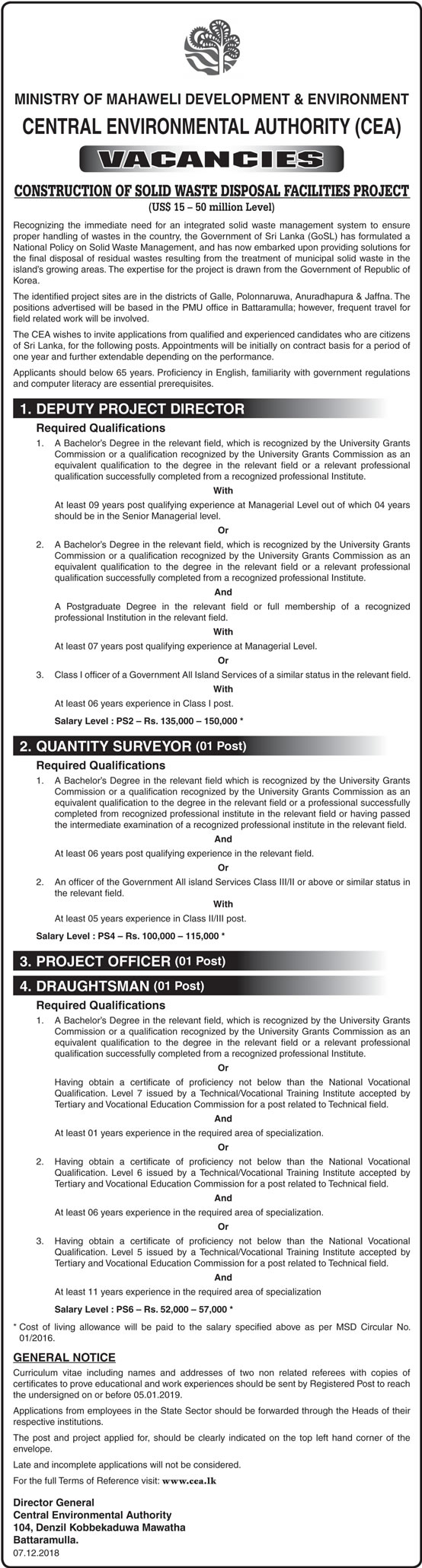 Deputy Project Director, Quantity Surveyor, Project Officer, Draughtsman - Central Environmental Authority